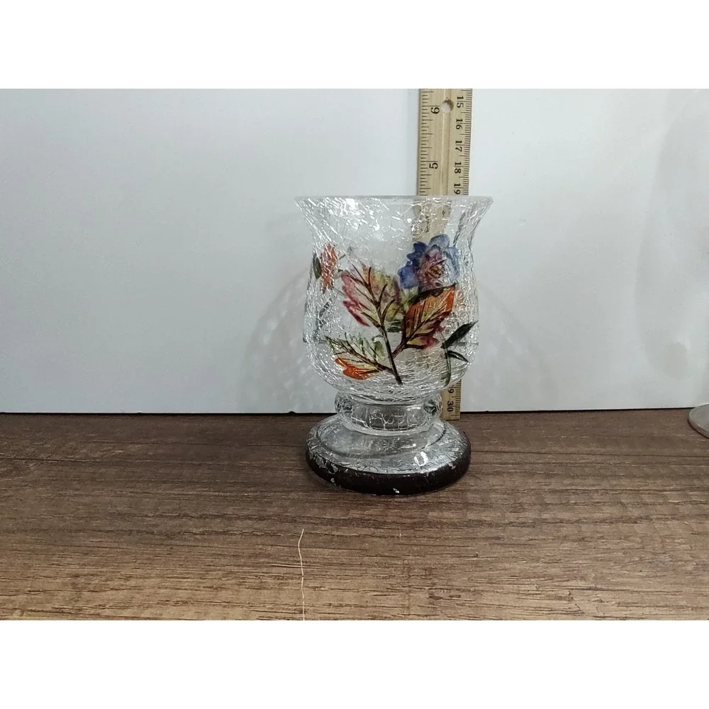 Crackle Glass Votive Candle Holder Hand Painted Flowers Spring Summer Home Decor